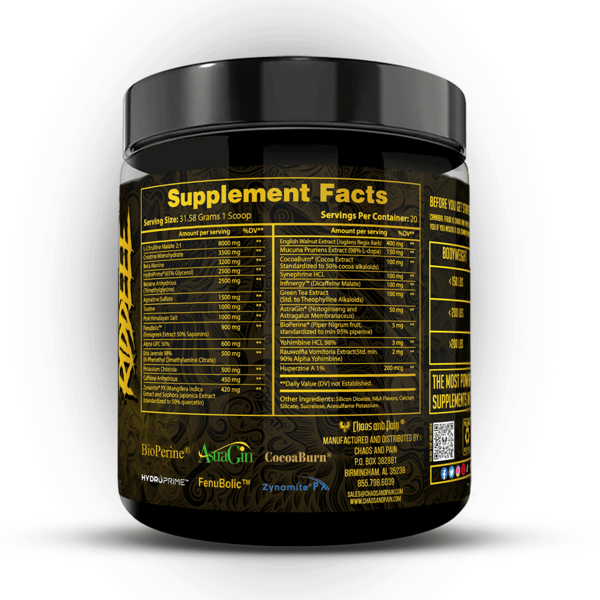 supplement facts of strawberry kiwi cannibal ferox amped